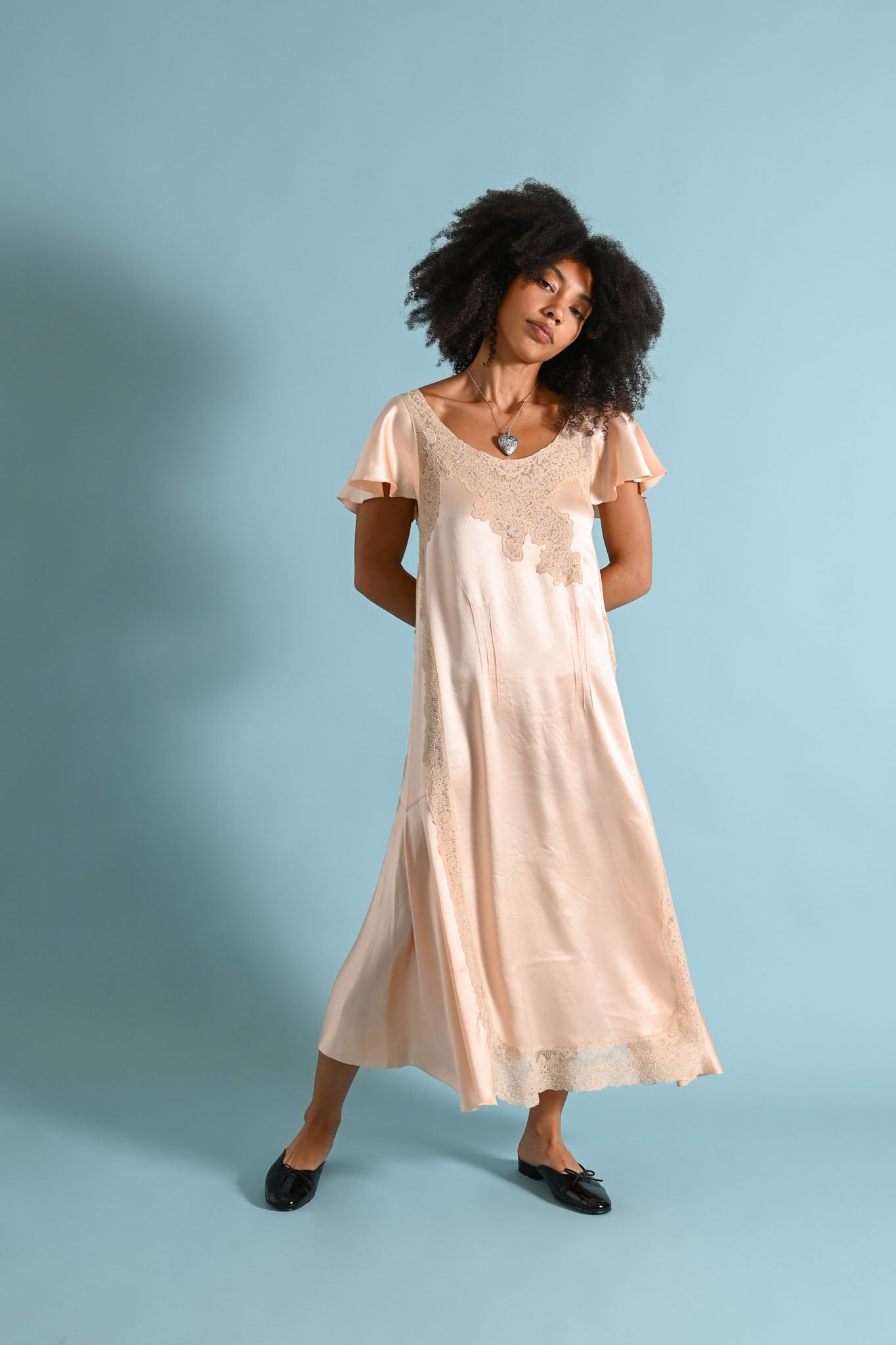 1920s Silk Satin Flutter Sleeve Gown [xs/sm/med]