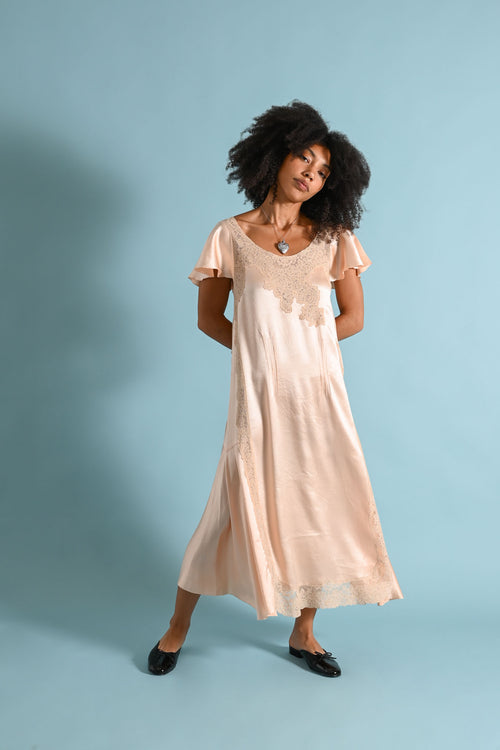 1920s Silk Satin Flutter Sleeve Gown [xs/sm/med]