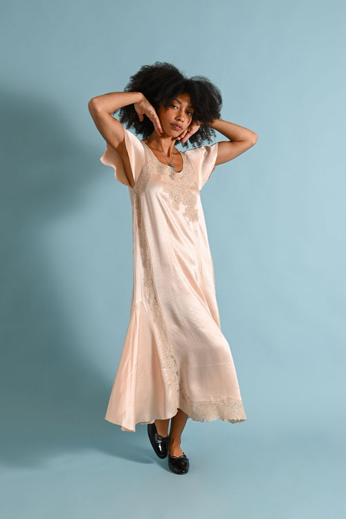 1920s Silk Satin Flutter Sleeve Gown [xs/sm/med]