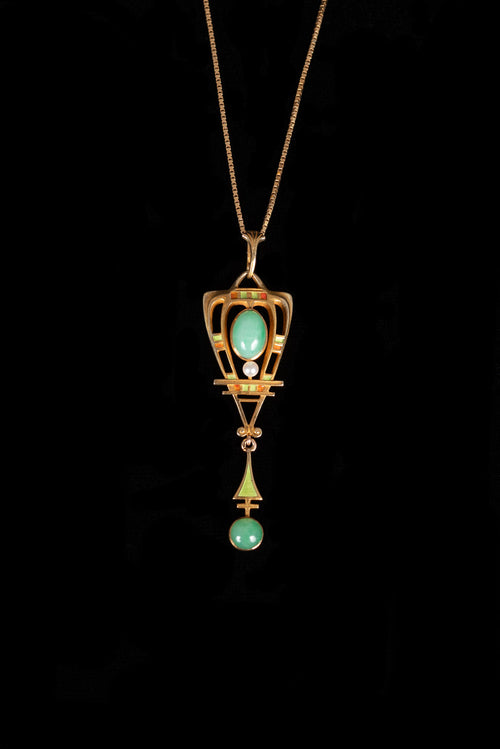 1920s 14k Jade + Enamel Egyptian Revival Necklace