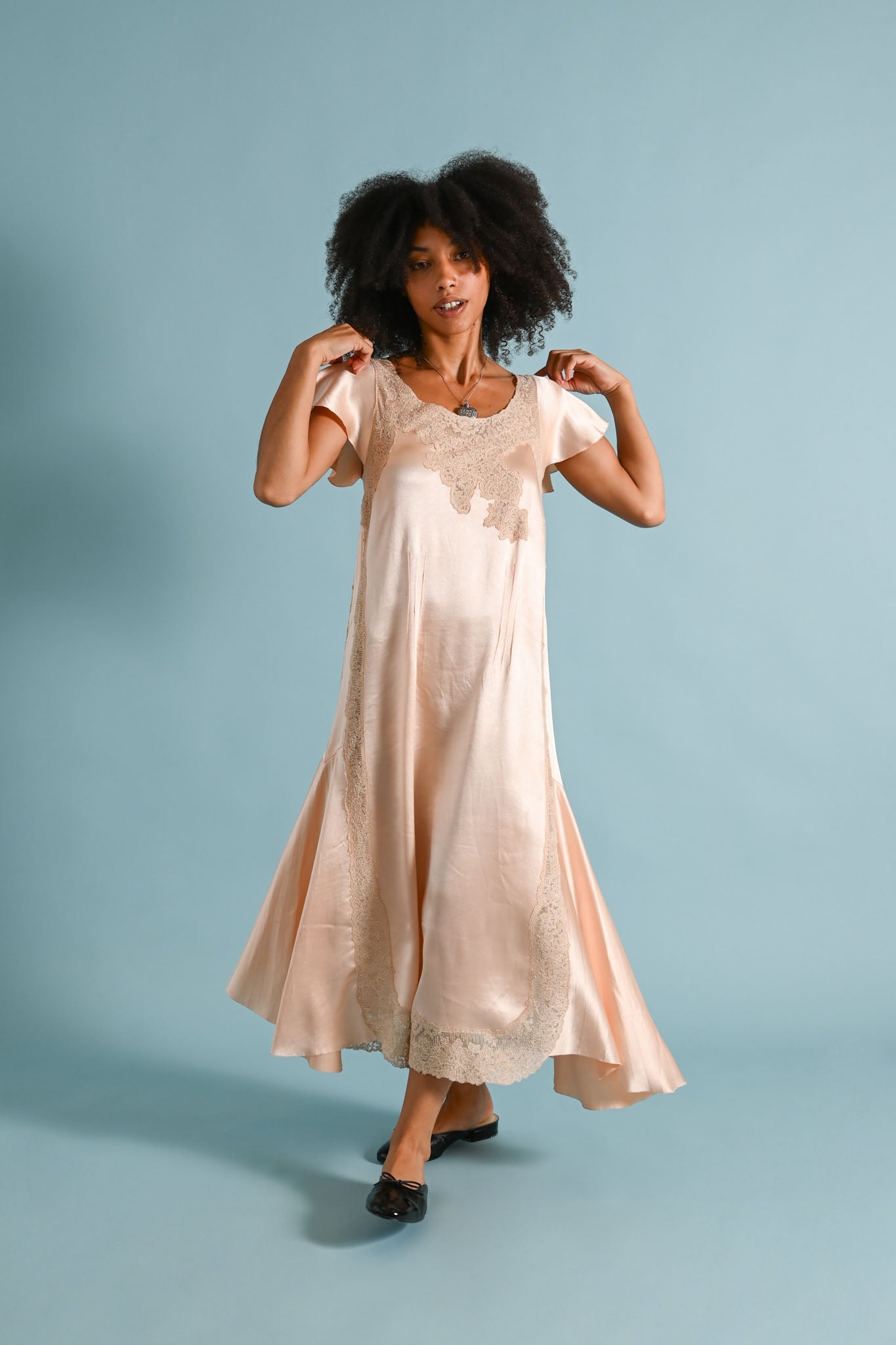 1920s Silk Satin Flutter Sleeve Gown [xs/sm/med]