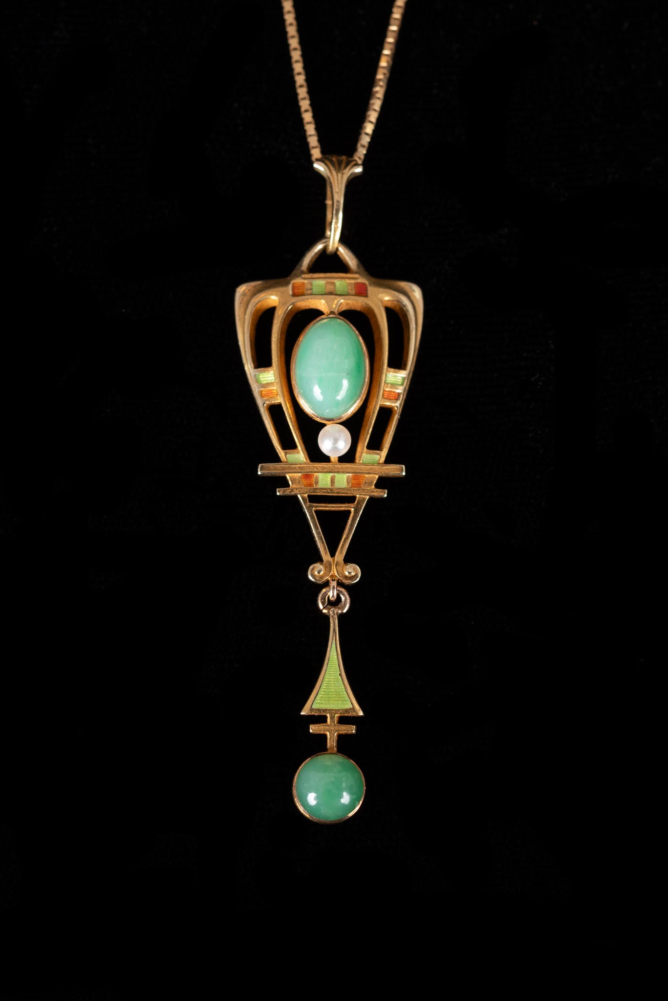 1920s 14k Jade + Enamel Egyptian Revival Necklace