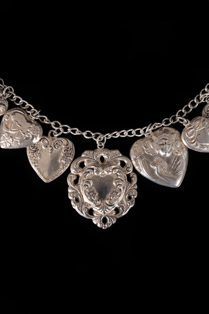 Antique Sterling Puffy Heart Charm Necklace