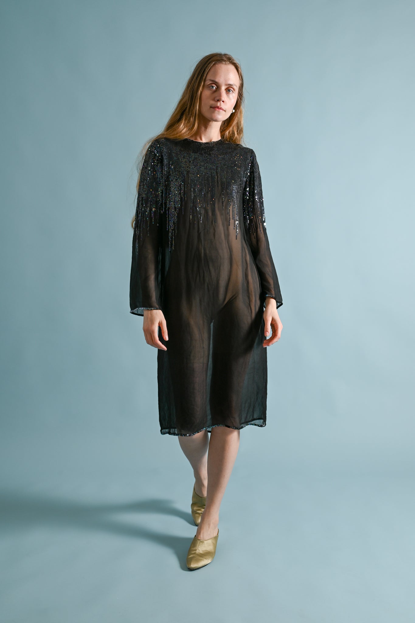 1970s Halston Silk Chiffon Sequin Dress [xs/sm/med]