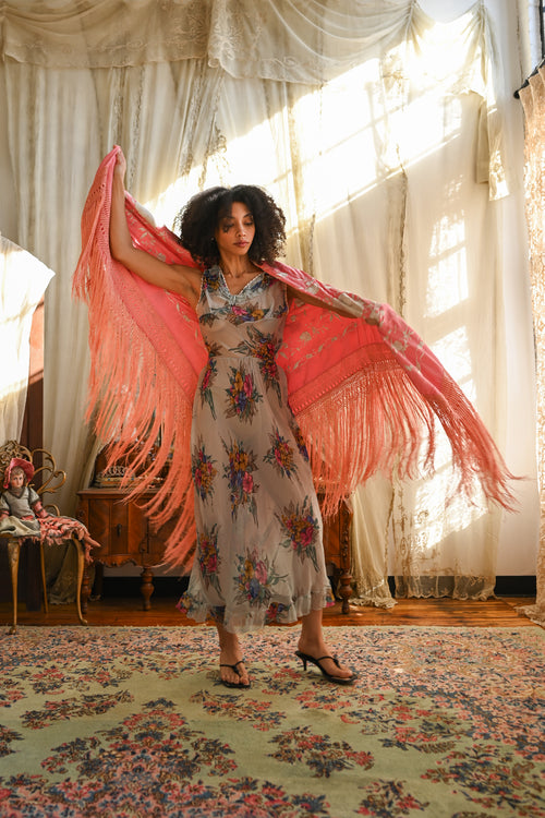 1920s Pink + White Hand Embroidered Piano Shawl