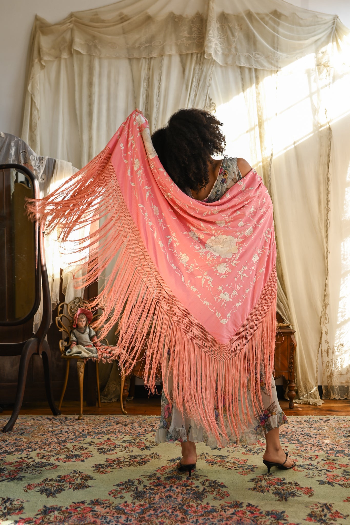 1920s Pink + White Hand Embroidered Piano Shawl