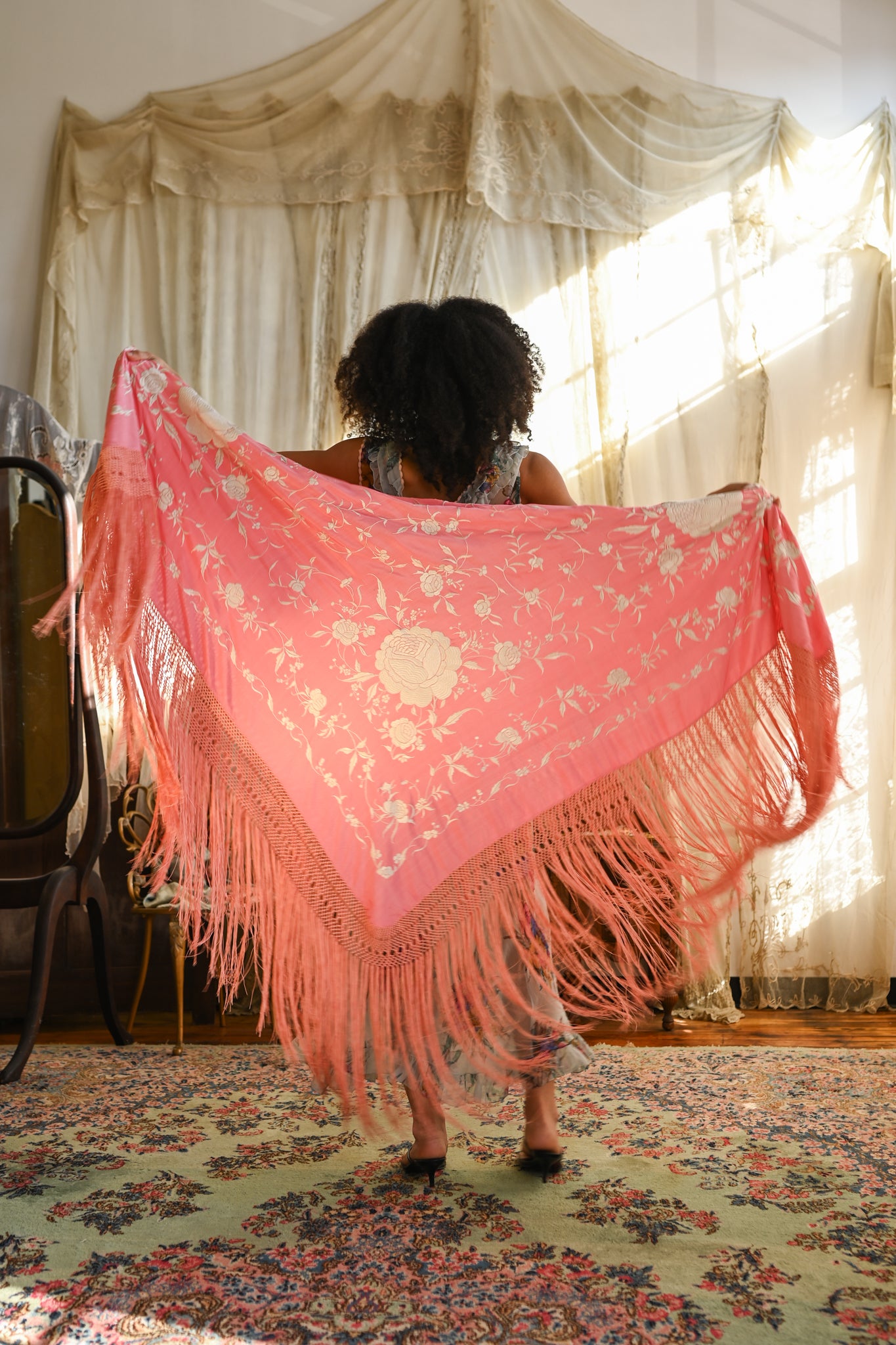 1920s Pink + White Hand Embroidered Piano Shawl