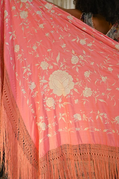 1920s Pink + White Hand Embroidered Piano Shawl