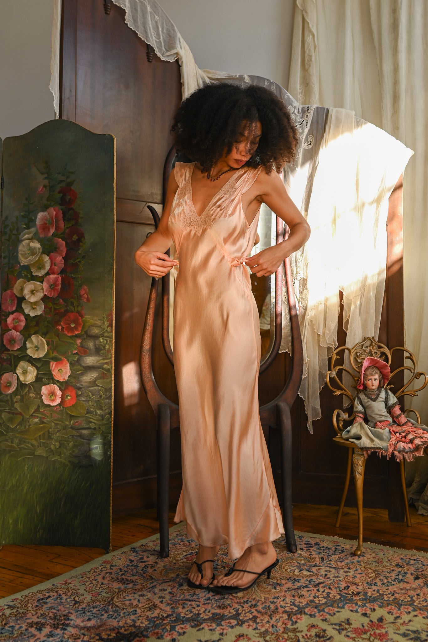 1930s Double Tie Silk Flutter Sleeve Gown [med/lrg/xl]