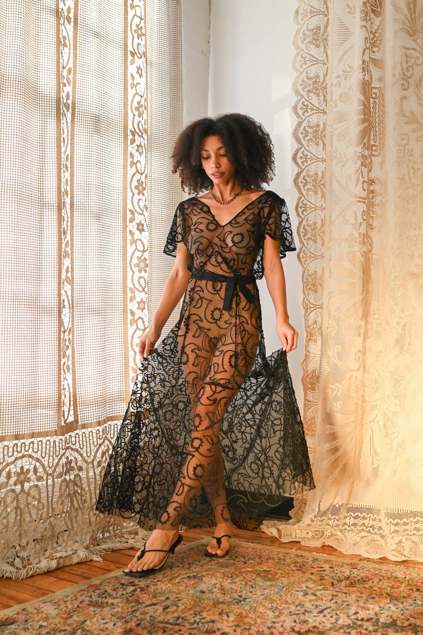 1930s Black Celestial Soutache Mesh Gown [med/lrg]