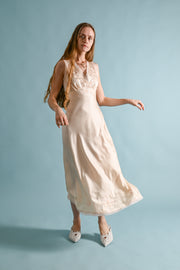 1930s Petal Pink Hand Embroidered Silk Gown [xs/sm/med)