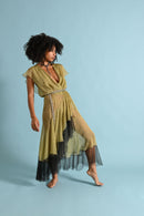 1930s Chartreuse Crinkle Silk Chiffon Tiered Gown [sm/med/lrg]