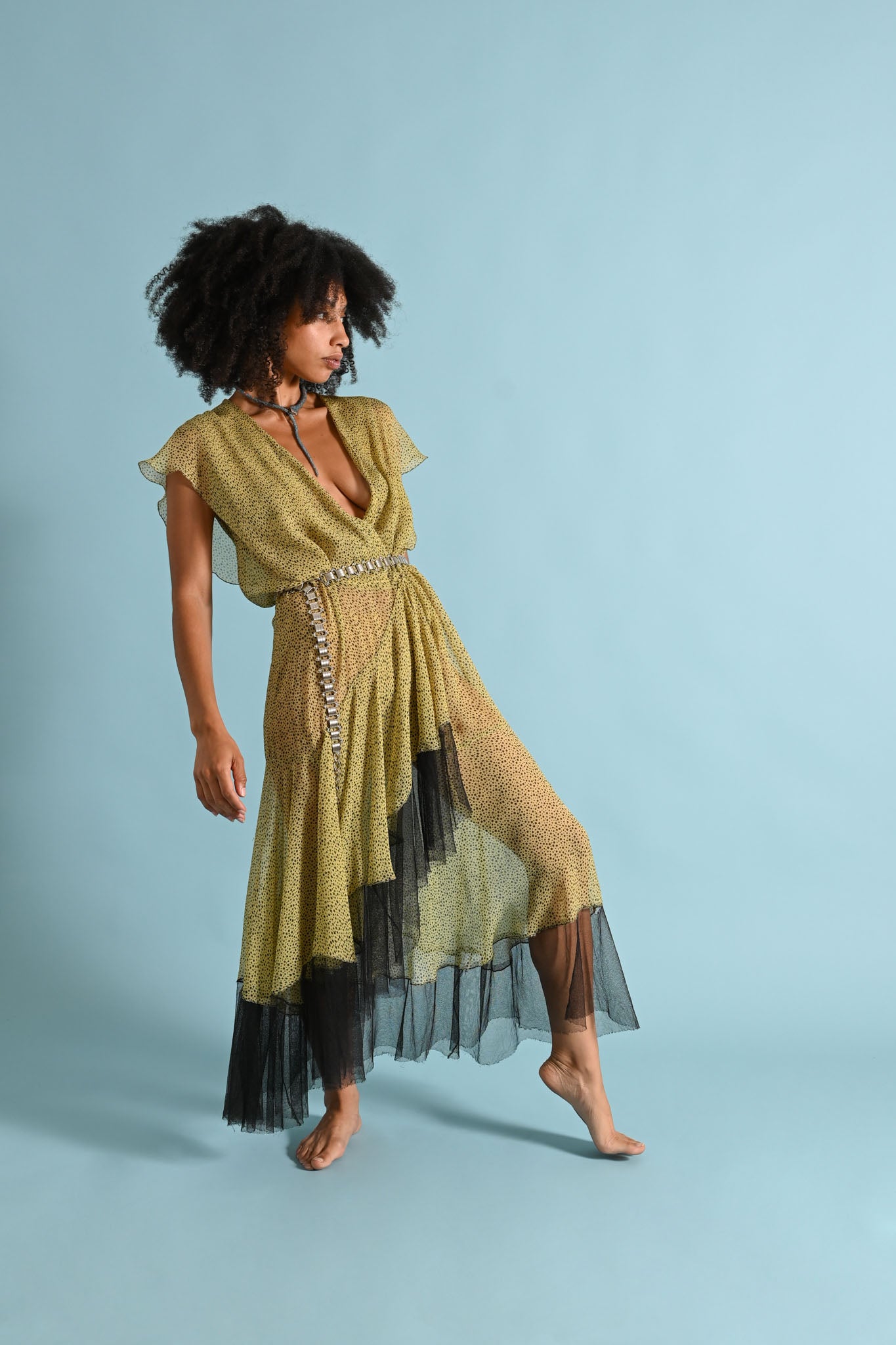 1930s Chartreuse Crinkle Silk Chiffon Tiered Gown [sm/med/lrg]