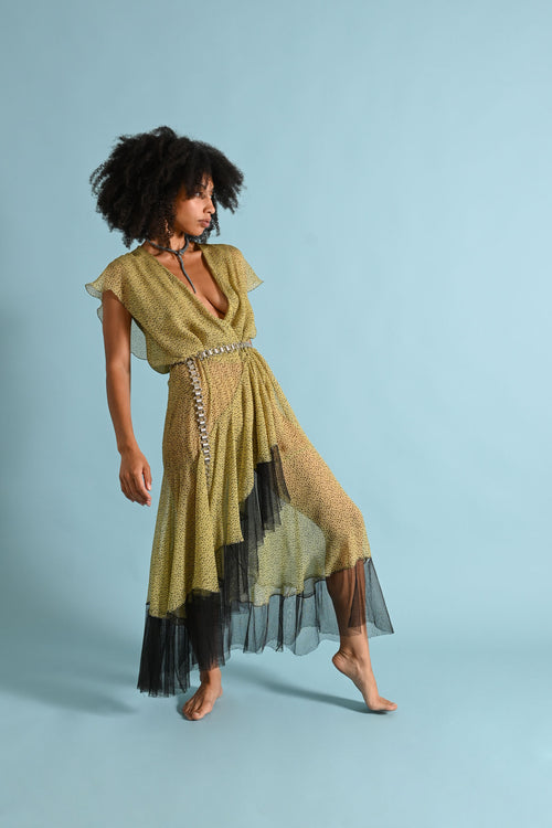 1930s Chartreuse Crinkle Silk Chiffon Tiered Gown [sm/med/lrg]