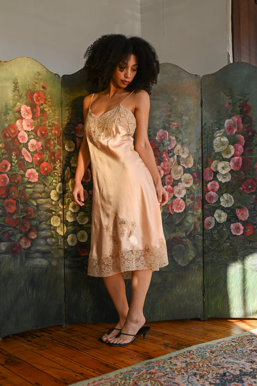 1930s French Couture Silk + Lace Appliqué Slip [lrg/xl]