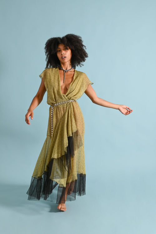 1930s Chartreuse Crinkle Silk Chiffon Tiered Gown [sm/med/lrg]