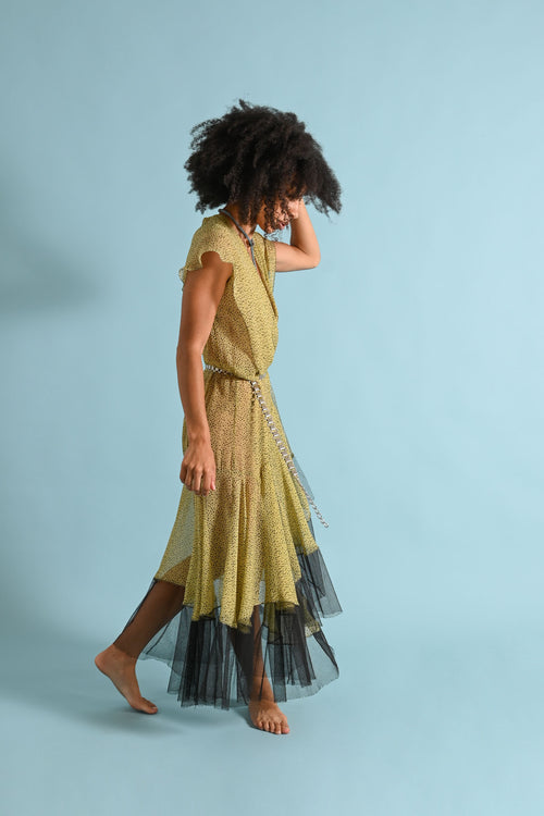 1930s Chartreuse Crinkle Silk Chiffon Tiered Gown [sm/med/lrg]