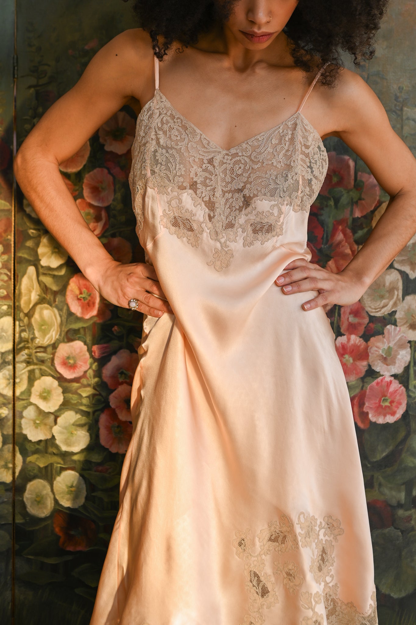 1930s French Couture Silk + Lace Appliqué Slip [lrg/xl]