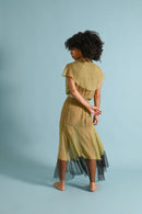 1930s Chartreuse Crinkle Silk Chiffon Tiered Gown [sm/med/lrg]