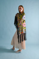 1920s Silk Net Hand Embroidered Fringe Shawl