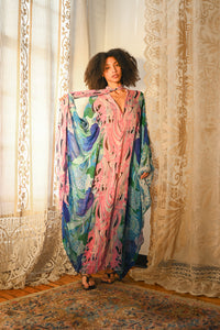 1970s Hypnotic Floral Silk Caftan [OS]