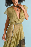 1930s Chartreuse Crinkle Silk Chiffon Tiered Gown [sm/med/lrg]