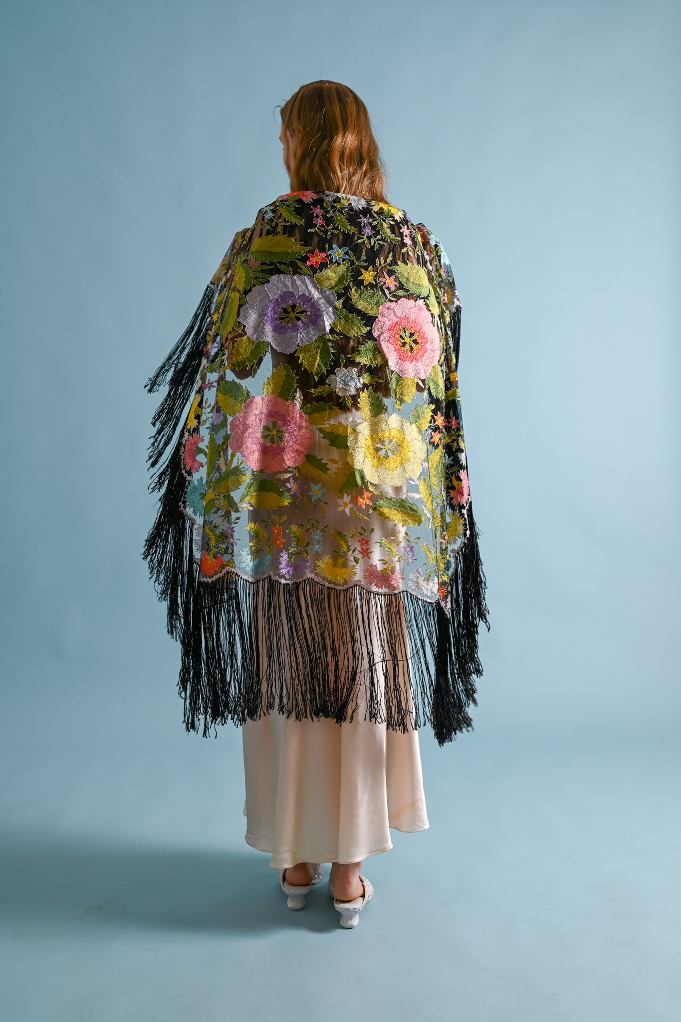 1920s Silk Net Hand Embroidered Fringe Shawl