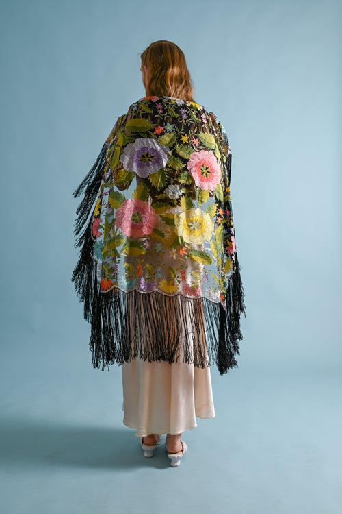 1920s Silk Net Hand Embroidered Fringe Shawl