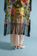 1920s Silk Net Hand Embroidered Fringe Shawl