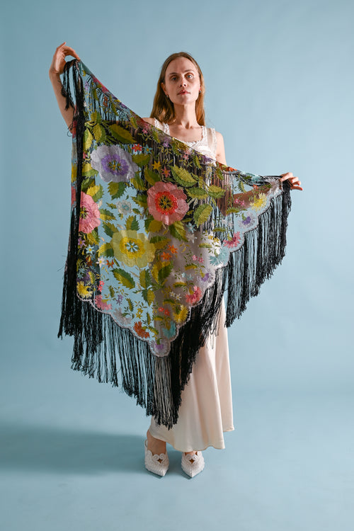 1920s Silk Net Hand Embroidered Fringe Shawl