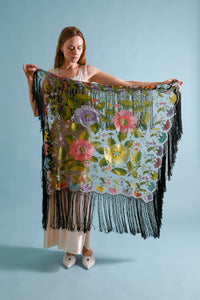 1920s Silk Net Hand Embroidered Fringe Shawl