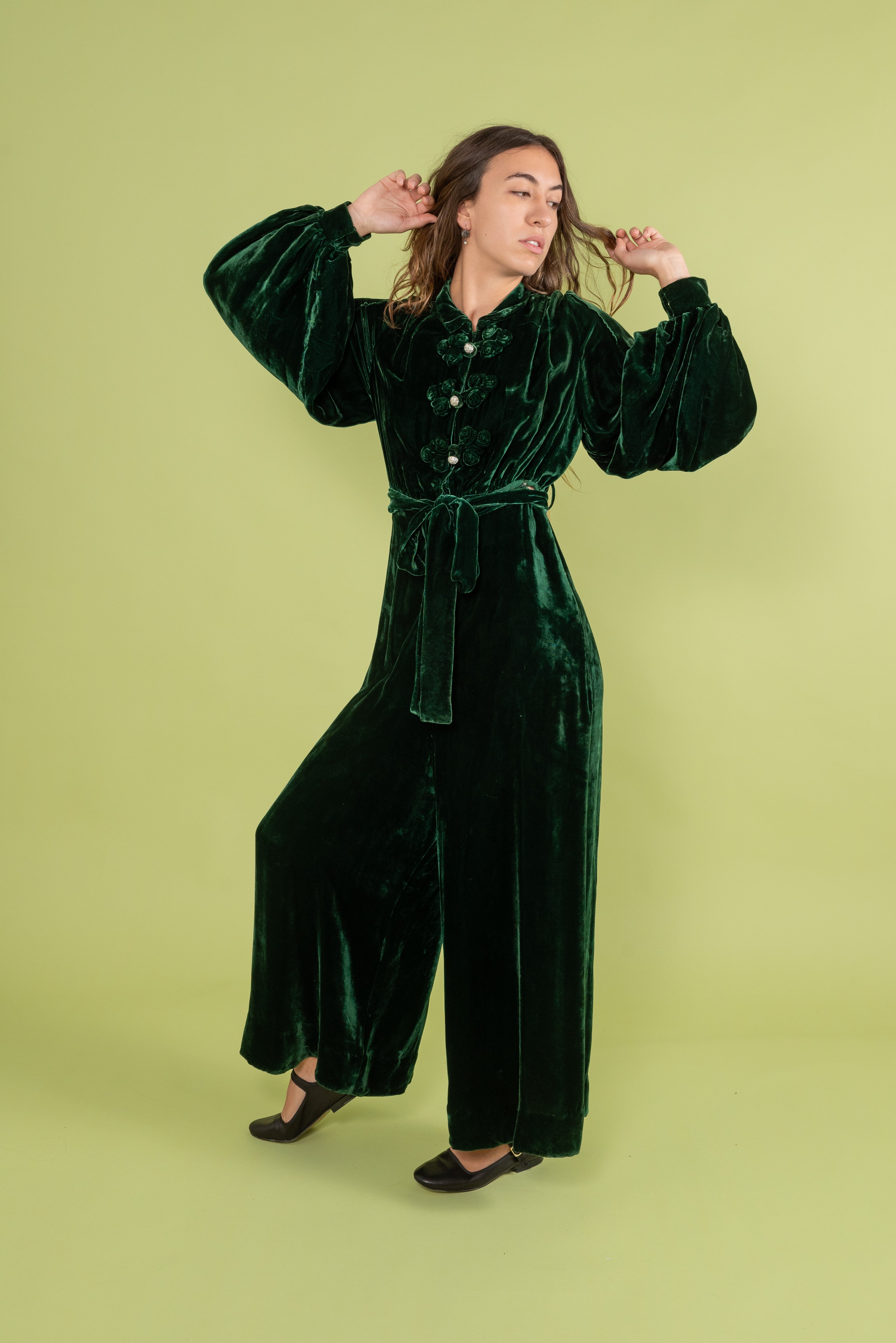 1930s Green Silk Velvet Jumpsuit [sm/med]