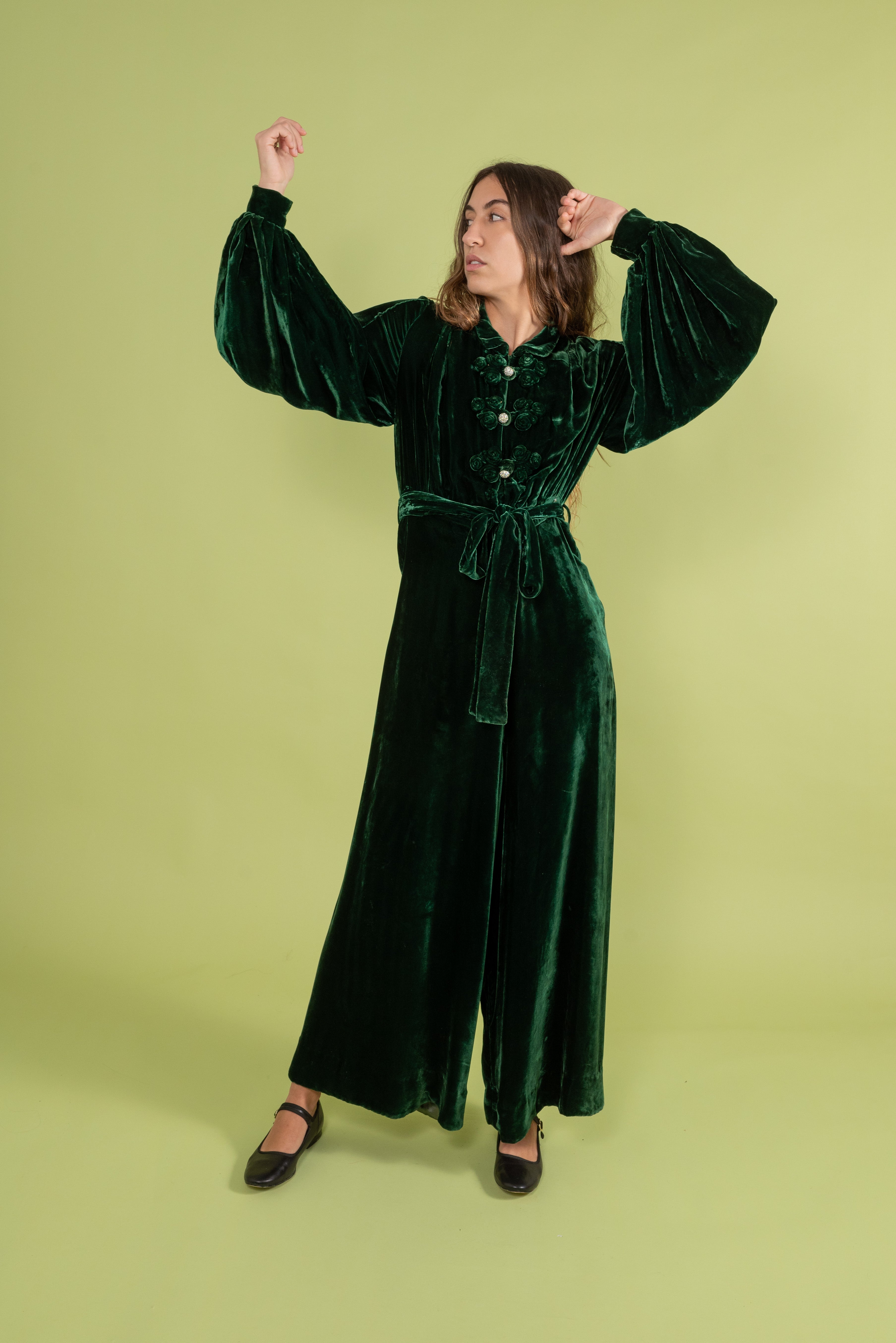 1930s Green Silk Velvet Jumpsuit [sm/med]