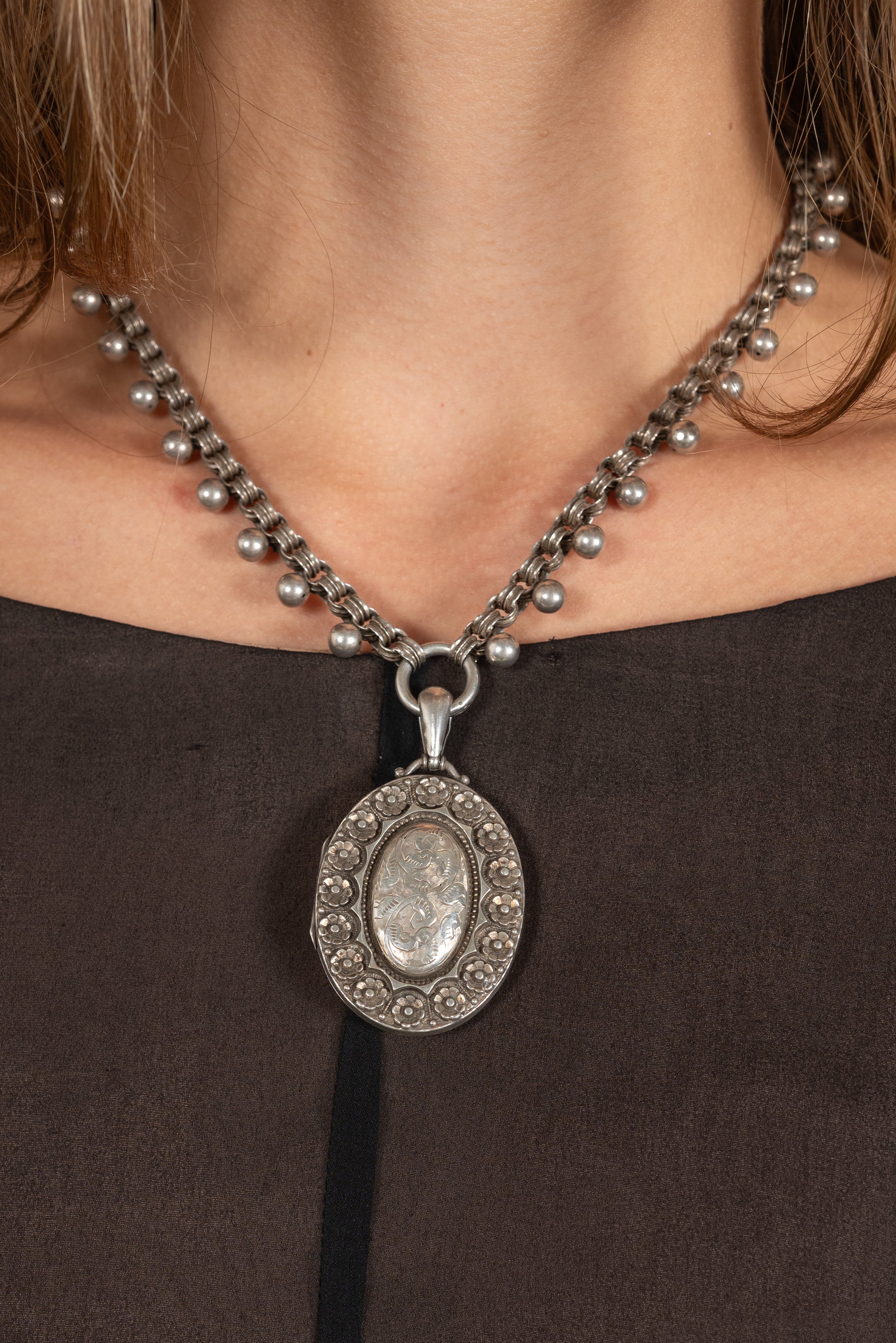 Victorian Sterling Engraved Locket Necklace