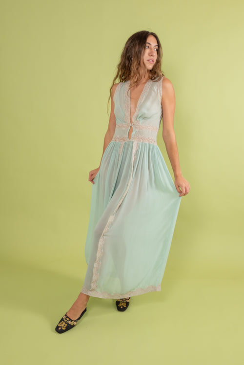 1930s Blue Silk and Lace Slip [xs/sm]