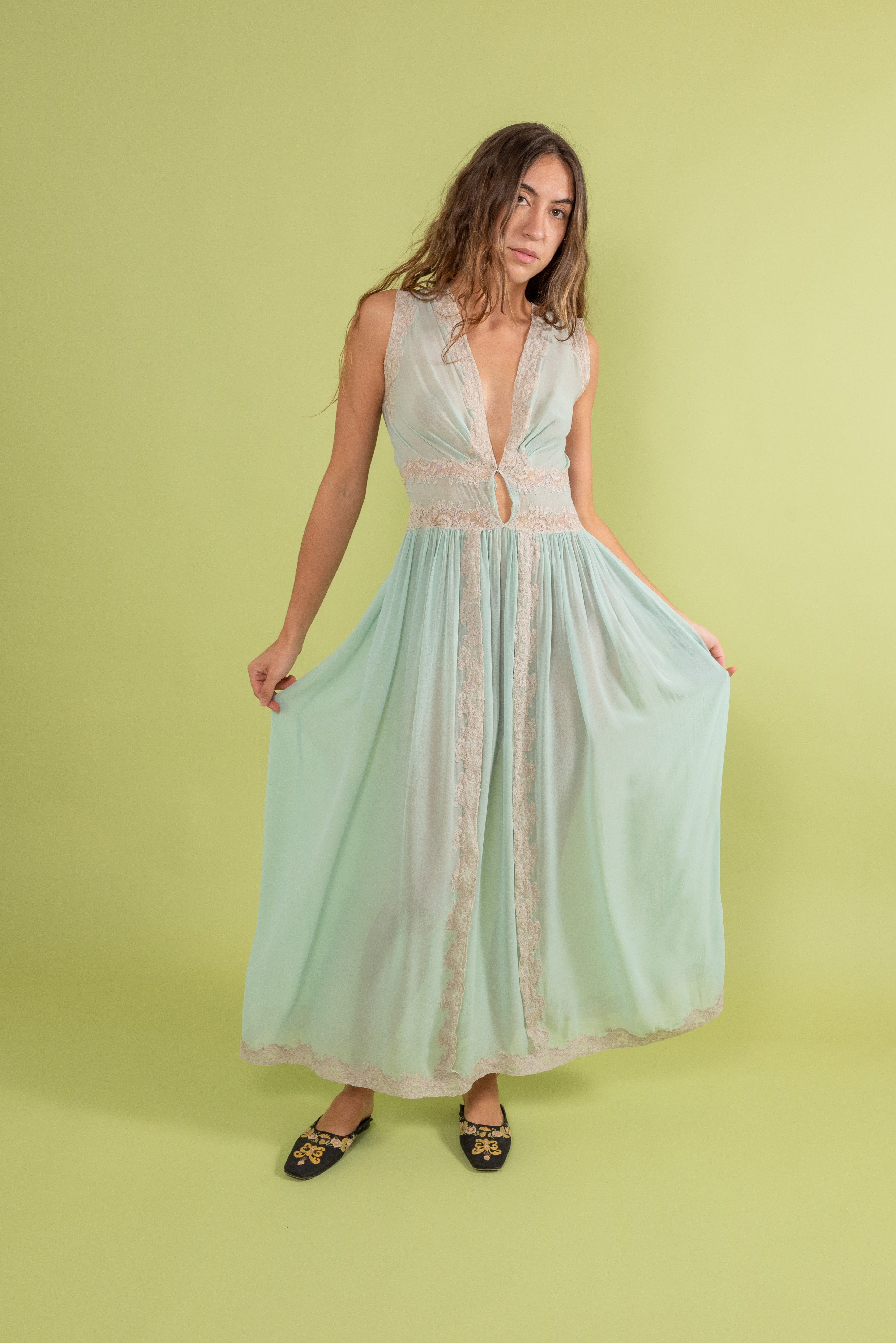 1930s Blue Silk and Lace Slip [xs/sm]