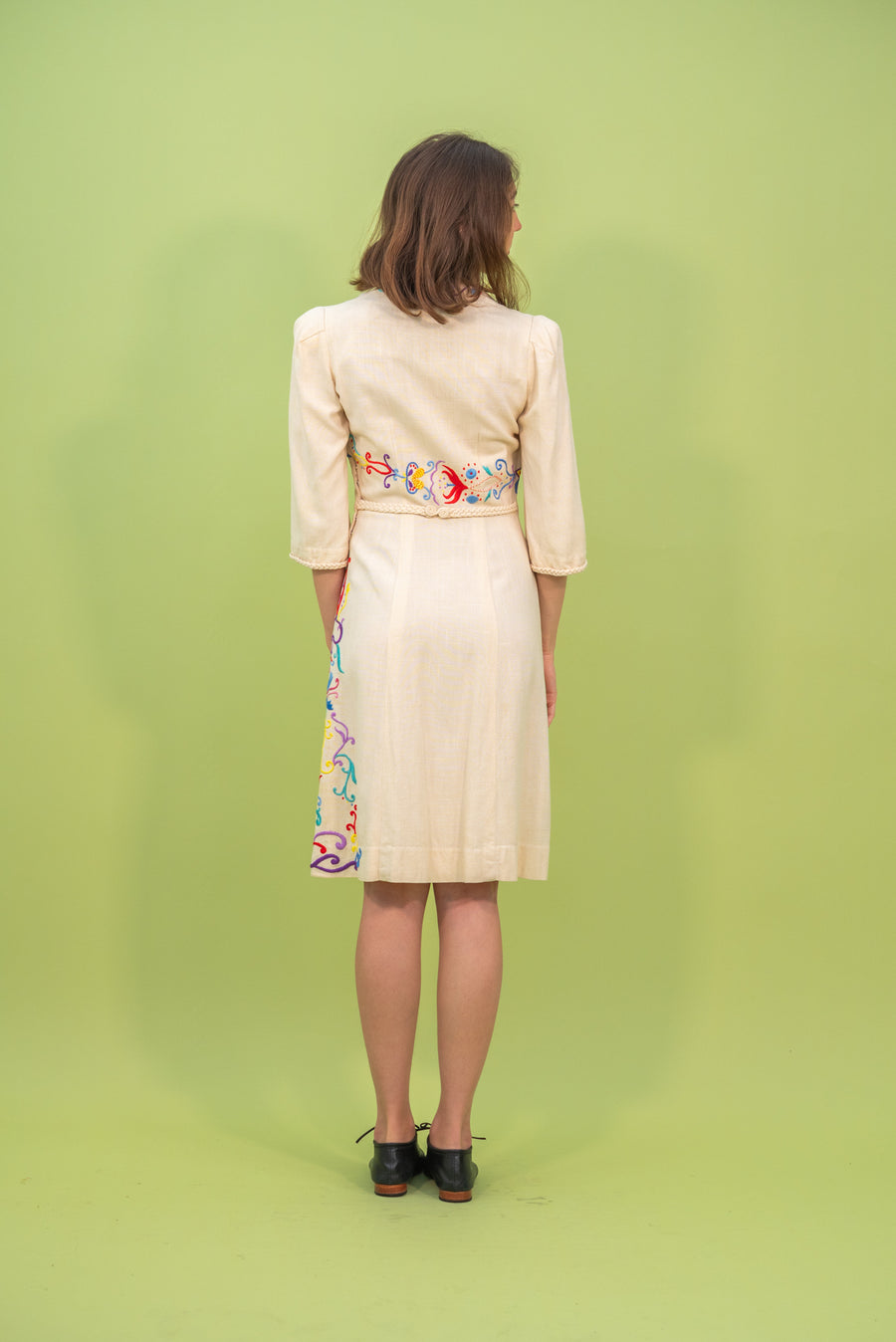 1930s Rainbow Hand Embroidered Linen Dress [xs/sm]