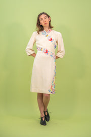 1930s Rainbow Hand Embroidered Linen Dress [xs/sm]
