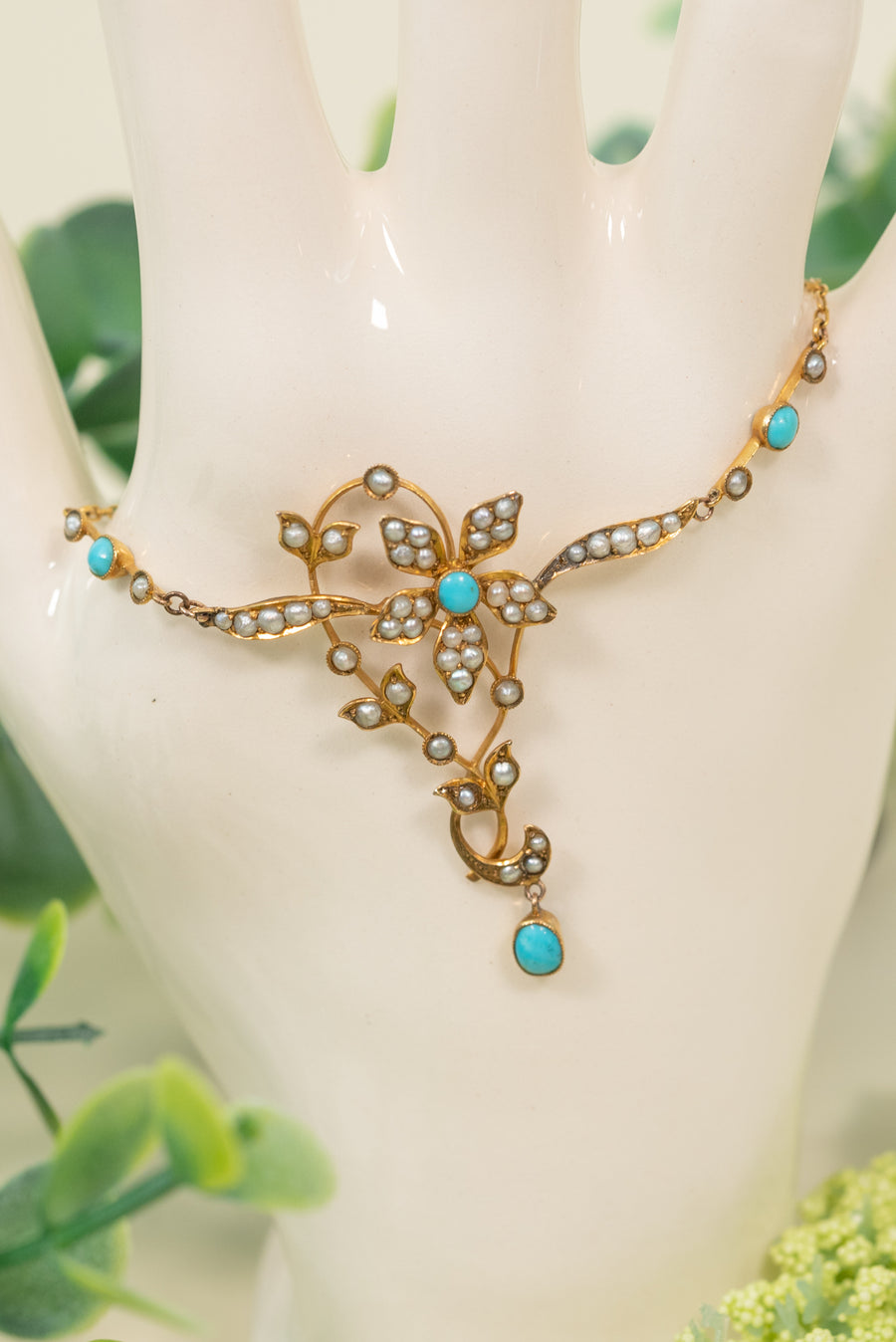 Edwardian 12k Turquoise and Pearl Flower Necklace