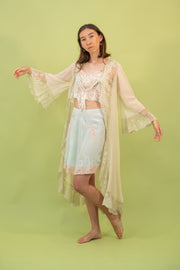 1930s Bell Sleeve Silk Georgette Lace Robe [xs/sm/med]