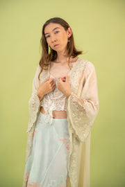1930s Bell Sleeve Silk Georgette Lace Robe [xs/sm/med]