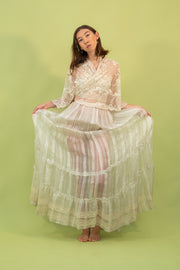 1900s Seafoam Striped Silk Trained Skirt [xs/sm]