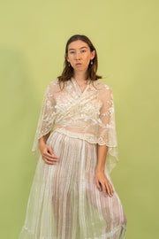 1900s Oversized Ivory Tambour Embroidered Bobbinet Shawl