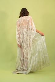 1900s Oversized Ivory Tambour Embroidered Bobbinet Shawl