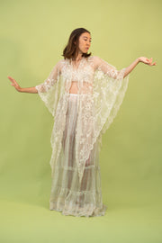 1900s Oversized Ivory Tambour Embroidered Bobbinet Shawl