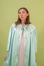 1940s Seafoam Floral Rayon Embroidered Dressing Gown [os]