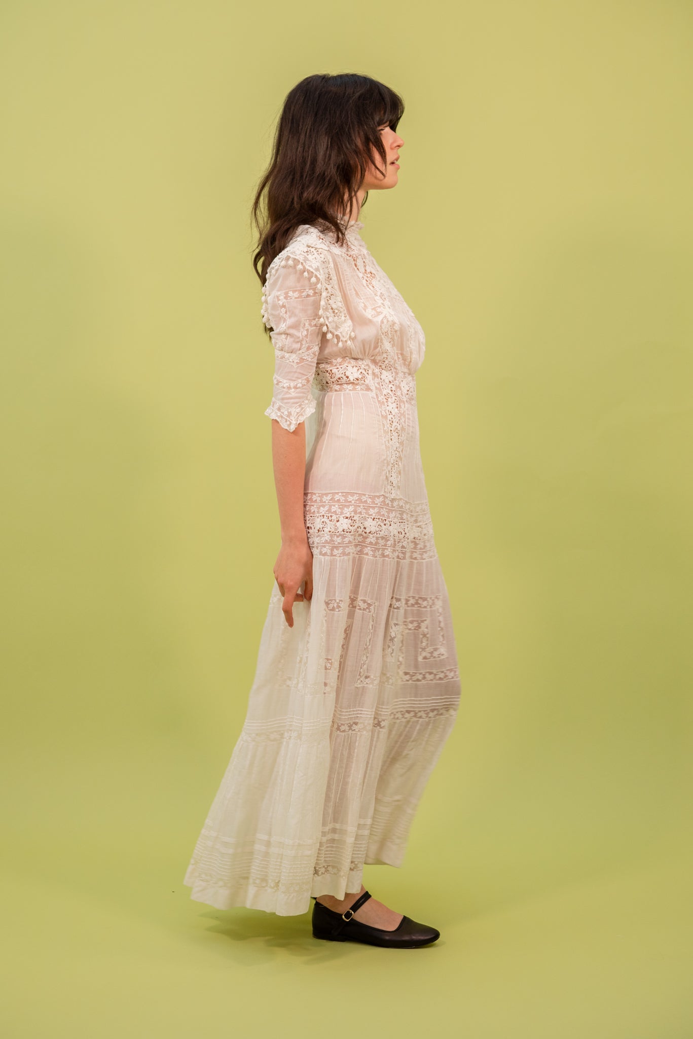 1910s Elaborate Lace Lawn Dress with Bauble Trim [xs/sm]