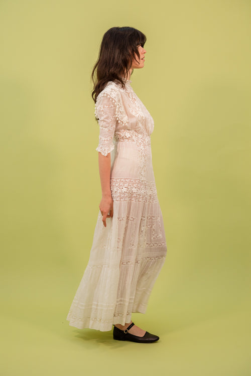 1910s Elaborate Lace Lawn Dress with Bauble Trim [xs/sm]