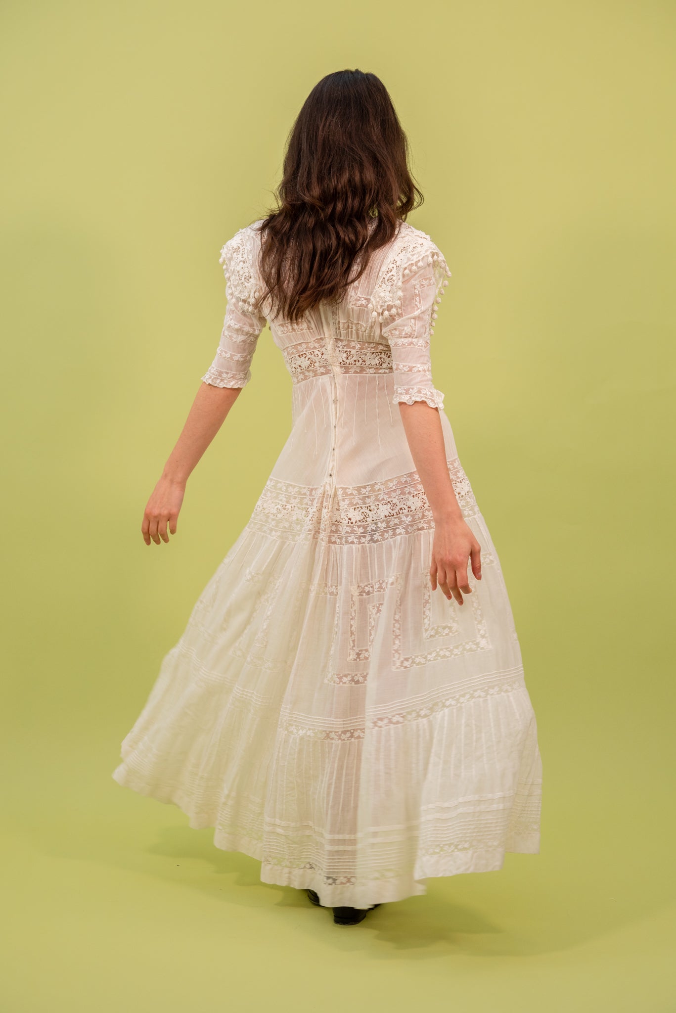 1910s Elaborate Lace Lawn Dress with Bauble Trim [xs/sm]