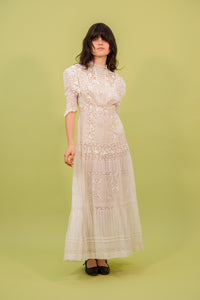 1910s Elaborate Lace Lawn Dress with Bauble Trim [xs/sm]